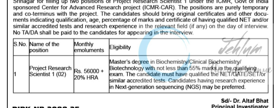 KASHMIR UNIVERSITY KU CENTRE FOR INTERDISCIPLINARY RESEARCH AND INNOVATIONS SRINAGAR PROJECT RESEARCH SCIENTIST JOB OPPORTUNITIES WALK IN 2025
