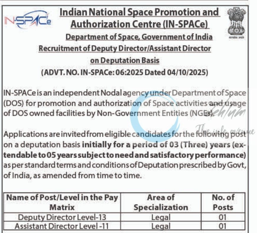 Indian National Space Promotion and Authorization Centre IN-SPACe job opportunities notice 06/2025