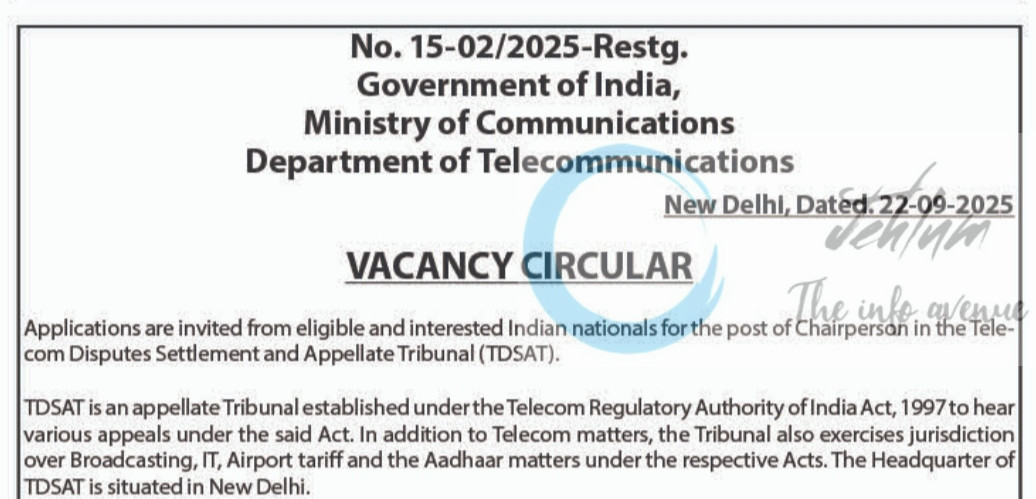 GOI DEPTT OF TELECOMMUNICATIONS TELECOM DISPUTES SETTLEMENT AND APPELLATE TRIBUNAL NEW DELHI CHAIRPERSON JOB OPPORTUNITIES 2025