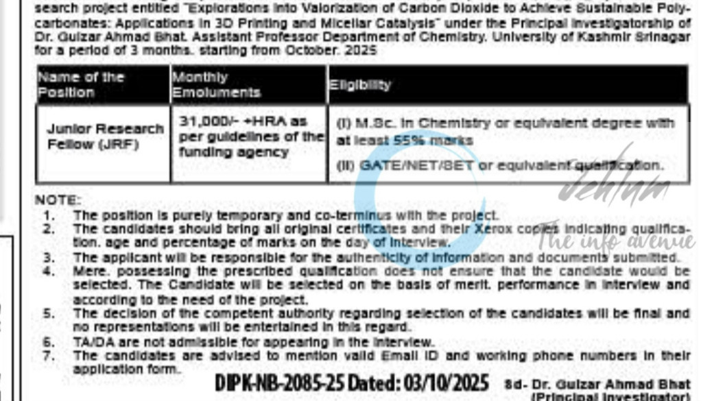 KASHMIR UNIVERSITY KU DEPTT OF CHEMISTRY JRF JOB OPPORTUNITIES WALK IN 2025 2 KASHMIR UNIVERSITY KU DEPTT OF CHEMISTRY JRF JOB OPPORTUNITIES WALK IN 2025