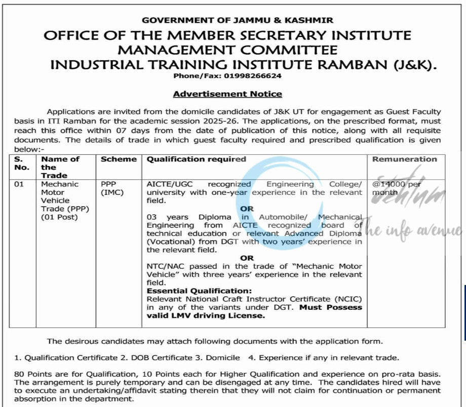 INDUSTRIAL TRAINING INSTITUTE ITI RAMBAN MECHANIC MOTOR VEHICLE TRADE GUEST FACULTY JOB OPPORTUNITIES 2025 2 INDUSTRIAL TRAINING INSTITUTE ITI RAMBAN MECHANIC MOTOR VEHICLE TRADE GUEST FACULTY JOB OPPORTUNITIES 2025