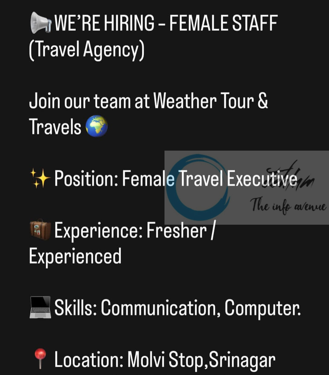 WEATHER TOUR AND TRAVELS SRINAGAR TRAVEL EXECUTIVE JOB OPPORTUNITIES 2025 2 WEATHER TOUR AND TRAVELS SRINAGAR TRAVEL EXECUTIVE JOB OPPORTUNITIES 2025