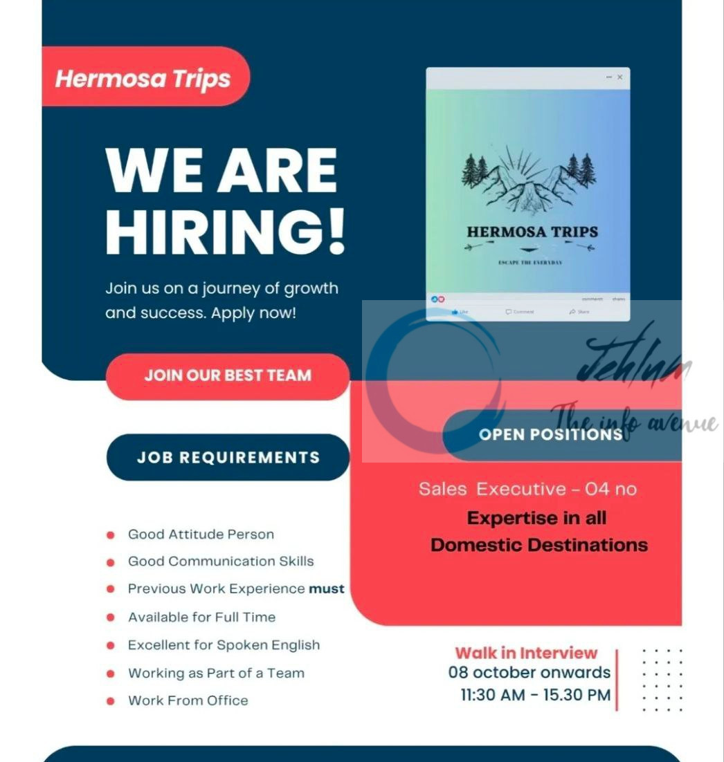 Hermosa Trips srinagar Sales Executive job opportunities Walk in 2025 2 Hermosa Trips srinagar Sales Executive job opportunities Walk in 2025