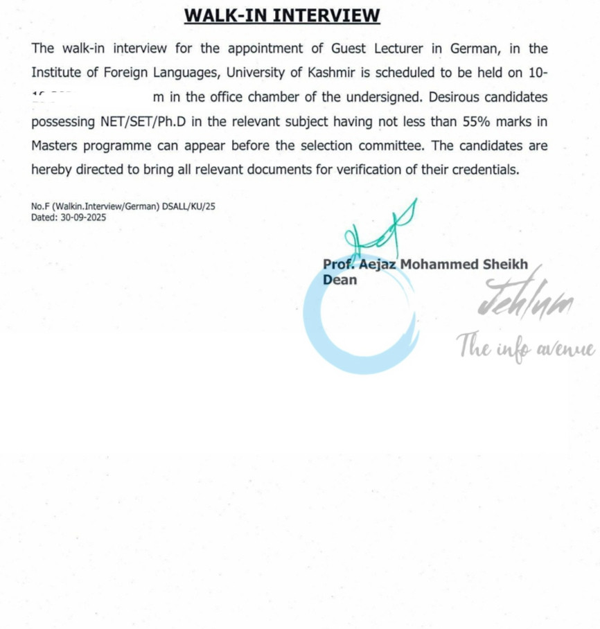 KASHMIR UNIVERSITY KU SCHOOL OF ARTS LANGUAGES AND LITERATURES GUEST LECTURER JOB OPPORTUNITIES WALK-IN DSALL/KU/25 2 KASHMIR UNIVERSITY KU SCHOOL OF ARTS LANGUAGES AND LITERATURES GUEST LECTURER JOB OPPORTUNITIES WALK-IN DSALL/KU/25