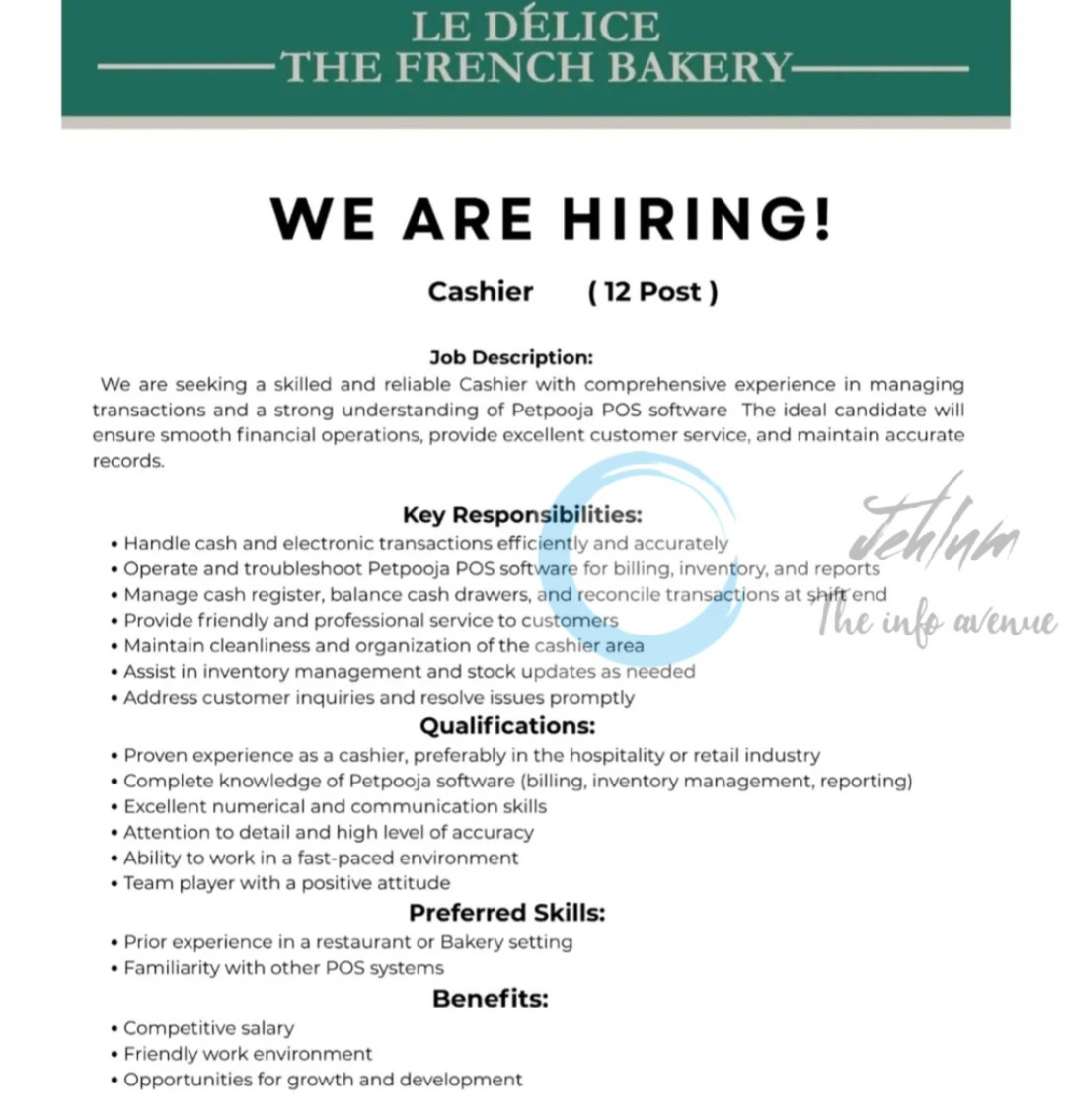 LE DÉLICE THE FRENCH BAKERY SRINAGAR CASHIER JOB OPPORTUNITIES 2025 2 LE DÉLICE THE FRENCH BAKERY SRINAGAR CASHIER JOB OPPORTUNITIES 2025