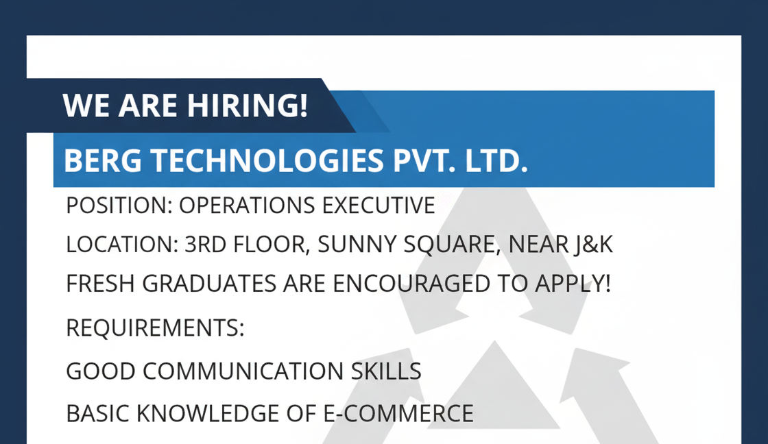 BERG TECHNOLOGIES PVT LTD JAMMU OPERATIONS EXECUTIVE JOB OPPORTUNITIES 2025 2 BERG TECHNOLOGIES PVT LTD JAMMU OPERATIONS EXECUTIVE JOB OPPORTUNITIES 2025