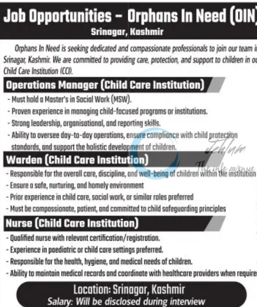 Orphans In Need OIN Srinagar staff job opportunities 2025