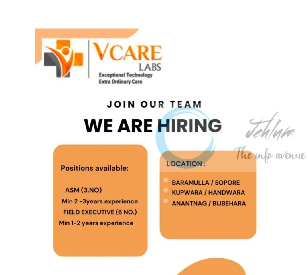 VCARE LABS BARAMULLA/KUPWARA/ANANTNAG FIELD EXECUTIVE JOB OPPORTUNITIES 2025