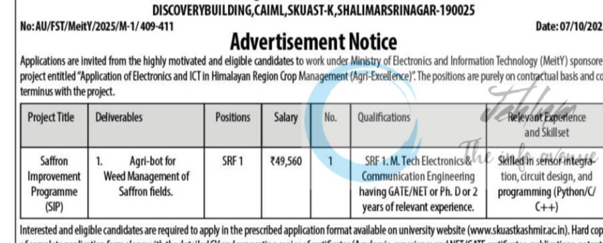 Sher-e-Kashmir University of Agricultural Sciences and Technology SKUAST k srf job opportunities notice AU/FST/MeitY/2025/M-1/409-411