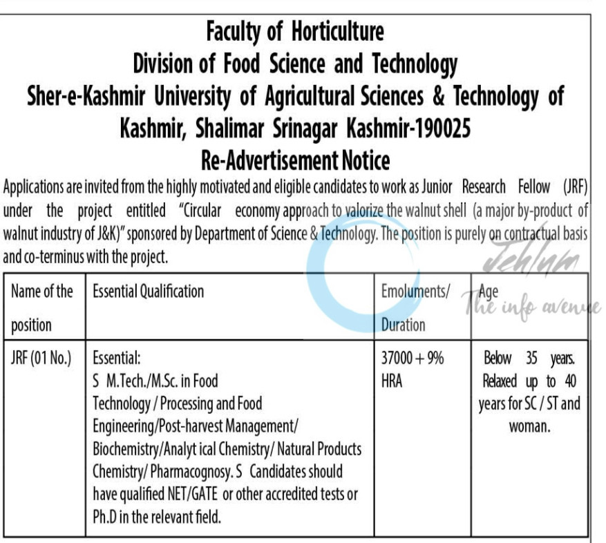 SKUAST K DIVISION OF FOOD SCIENCE AND TECHNOLOGY JRF JOB OPPORTUNITIES NOTICE AU/FST/DST/25/02