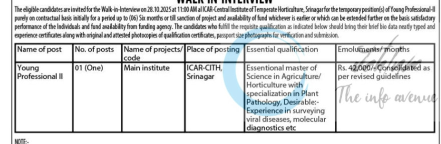 ICAR-CENTRAL INSTITUTE OF TEMPERATE HORTICULTURE ICAR CITH YOUNG PROFESSIONAL JOB OPPORTUNITIES WALK IN 1-1/339/Estt/5101 2 ICAR-CENTRAL INSTITUTE OF TEMPERATE HORTICULTURE ICAR CITH YOUNG PROFESSIONAL JOB OPPORTUNITIES WALK IN 1-1/339/Estt/5101