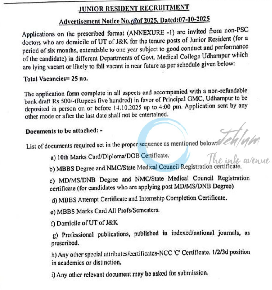 GOVT MEDICAL COLLEGE AND ASSOCIATED HOSPITAL UDHAMPUR JUNIOR RESIDENT JOB OPPORTUNITIES NOTICE 08 of 2025