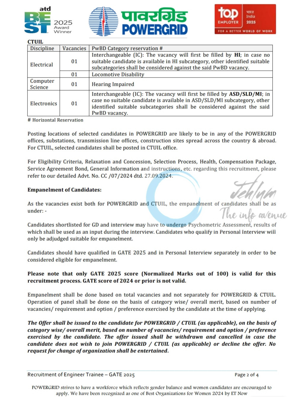 Power Grid Corporation of India Limited and Central Transmission Utility of India Limited CTUIL Engineer Trainee job opportunities notice CC/07/2024