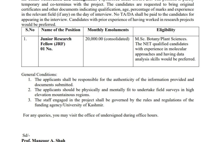 Kashmir University ku deptt of Botany JRF job opportunities walk in F/RUSA/walk-in-interview/JRF/KU/2 Kashmir University ku deptt of Botany JRF job opportunities walk in F/RUSA/walk-in-interview/JRF/KU/2