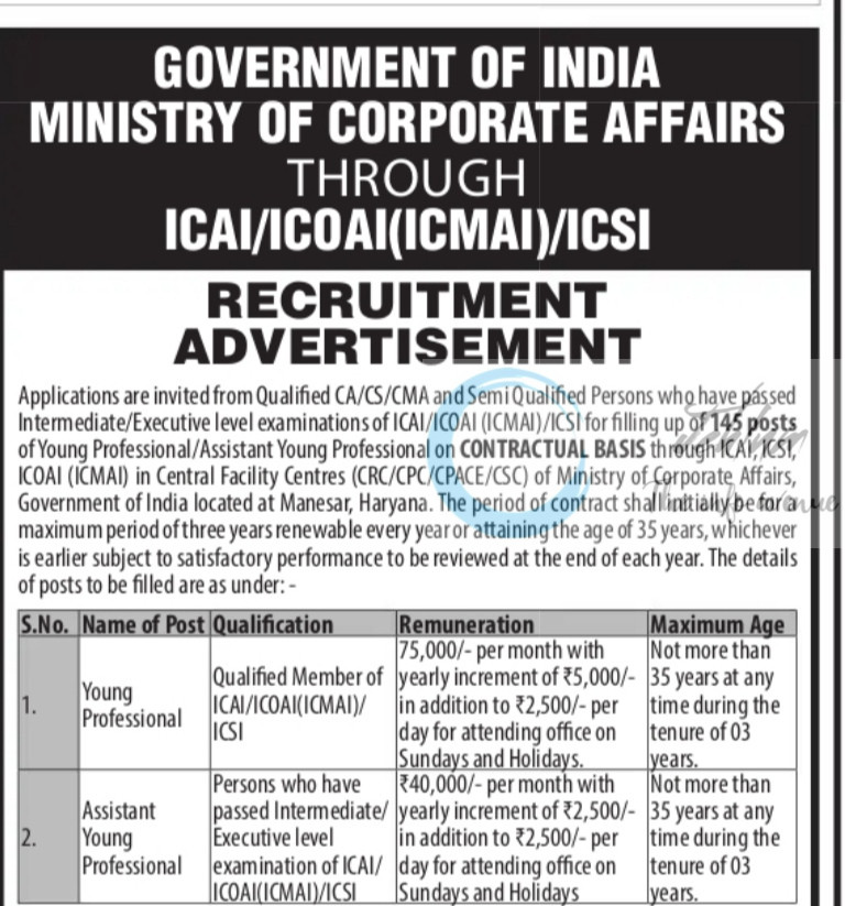 GOI MINISTRY OF CORPORATE AFFAIRS HARYANA ICAI ICOAI ICMAI ICSI YOUNG PROFESSIONAL/ASSISTANT YOUNG PROFESSIONAL JOB OPPORTUNITIES 2025