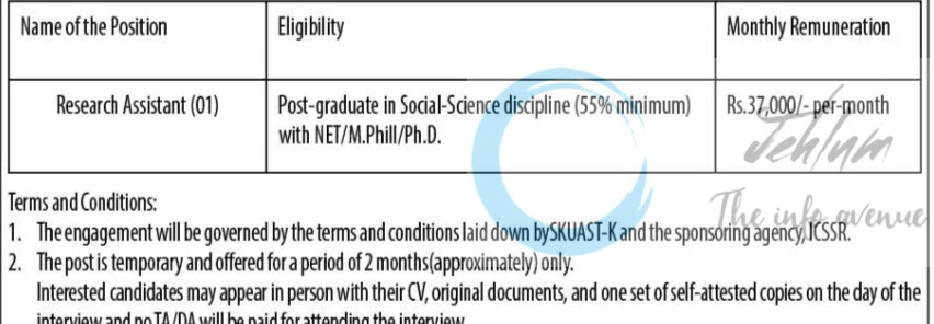 SKUAST K DIVISION OF AGRICULTURAL STATISTICS RESEARCH ASSISTANT JOB OPPORTUNITIES WALK-IN 2025