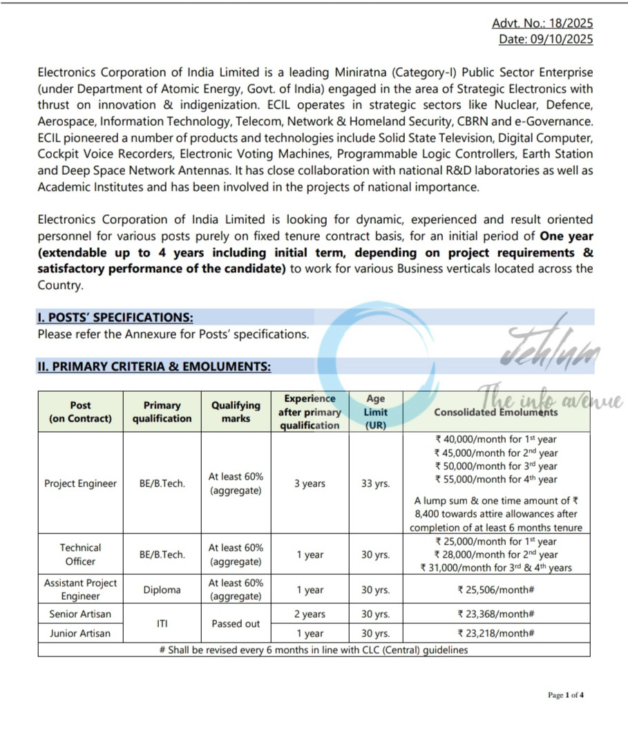 Electronics Corporation of India Limited ECIL Hyderabad Project Engineer/Technical Officer job opportunities notice 18/2025