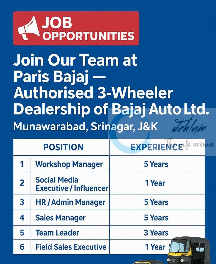 Paris Bajaj Workshop srinagar Job opportunities 2025