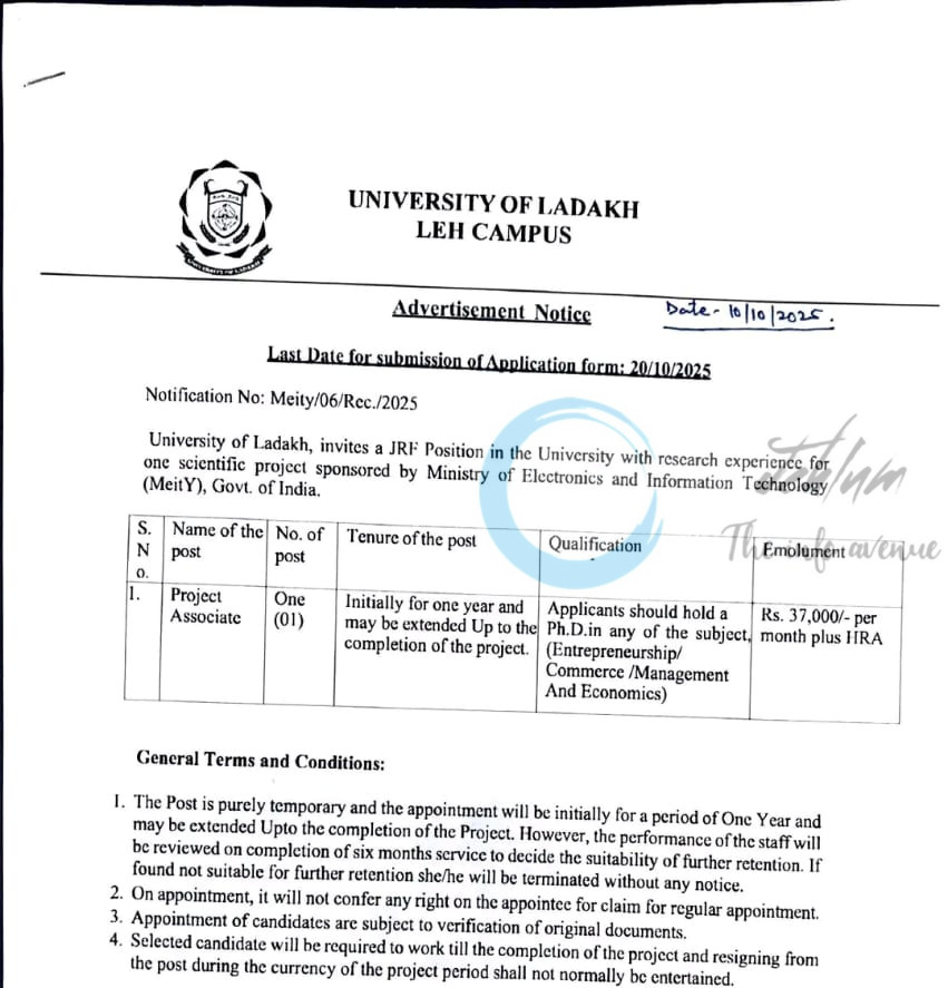 University of Ladakh UoL Leh Campus Project Associate Job opportunities Notice Meity/06/Rec/2025