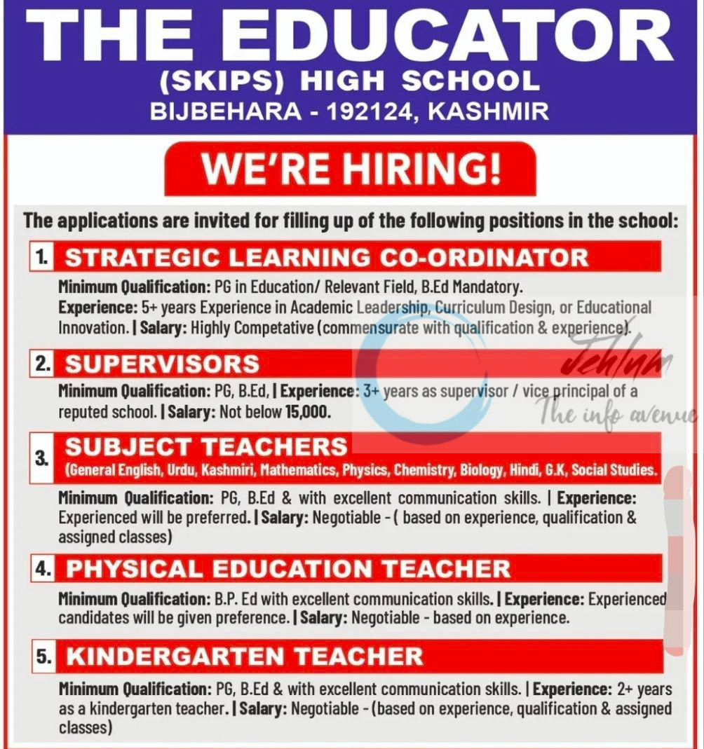 THE EDUCATOR SKIPS HIGH SCHOOL BIJBEHARA FACULTY JOB OPPORTUNITIES 2025