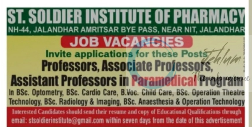 ST SOLDIER INSTITUTE OF PHARMACY JALANDHAR TEACHERS JOB OPPORTUNITIES 2025