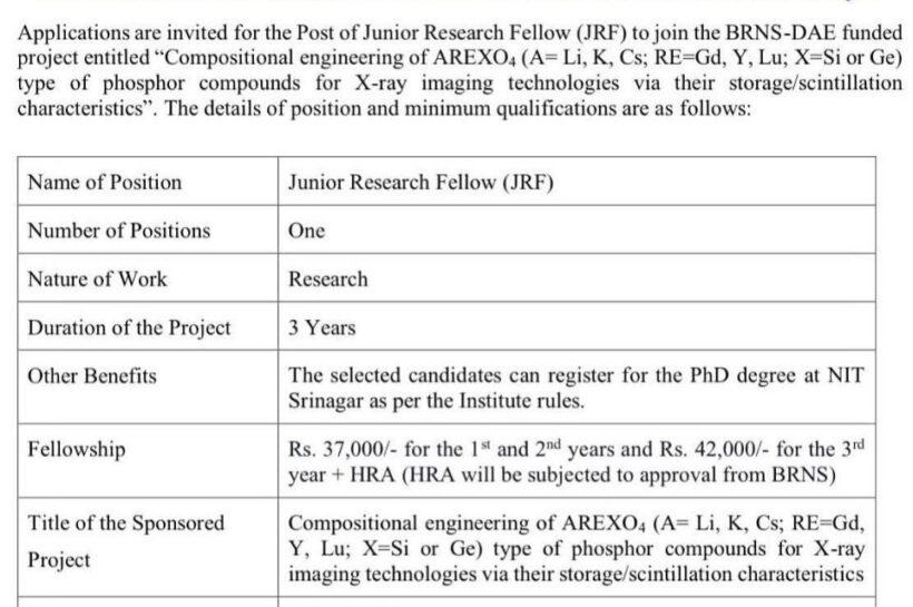NIT SRINAGAR DEPTT OF PHYSICS BRNS-DAE JRF JOB OPPORTUNITIES 2025 NIT SRINAGAR DEPTT OF PHYSICS BRNS-DAE JRF JOB OPPORTUNITIES 2025
