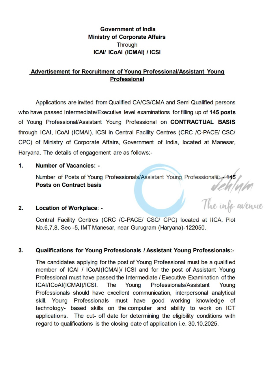 GOI Ministry of Corporate Affairs ICAI ICMAI ICSI MCA Haryana Young Professional and Assistant Young Professional job opportunities 2025