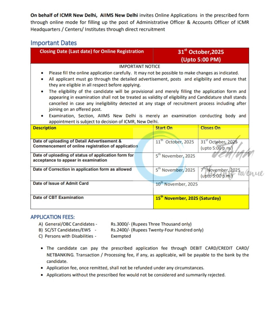 AIIMS INDIAN COUNCIL OF MEDICAL RESEARCH ICMR ADMINISTRATIVE OFFICER AND ACCOUNTS OFFICER JOB OPPORTUNITIES 323/2025
