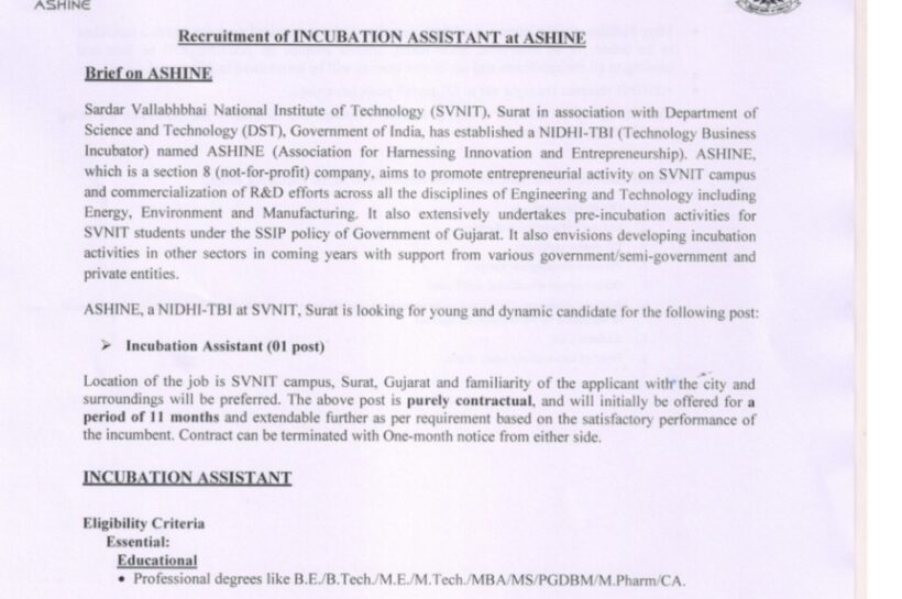 ASHINE SARDAR VALLABHBHAI NATIONAL INSTITUTE OF TECHNOLOGY SVNIT SURAT INCUBATION ASSISTANT JOB OPPORTUNITIES 2025 ASHINE SARDAR VALLABHBHAI NATIONAL INSTITUTE OF TECHNOLOGY SVNIT SURAT INCUBATION ASSISTANT JOB OPPORTUNITIES 2025