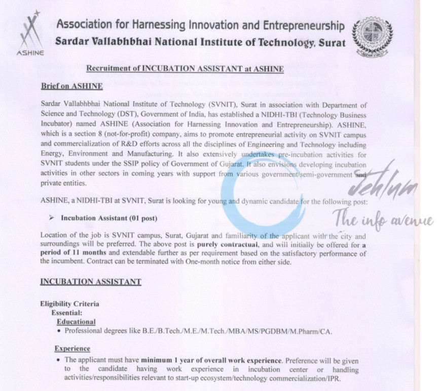 ASHINE SARDAR VALLABHBHAI NATIONAL INSTITUTE OF TECHNOLOGY SVNIT SURAT INCUBATION ASSISTANT JOB OPPORTUNITIES 2025