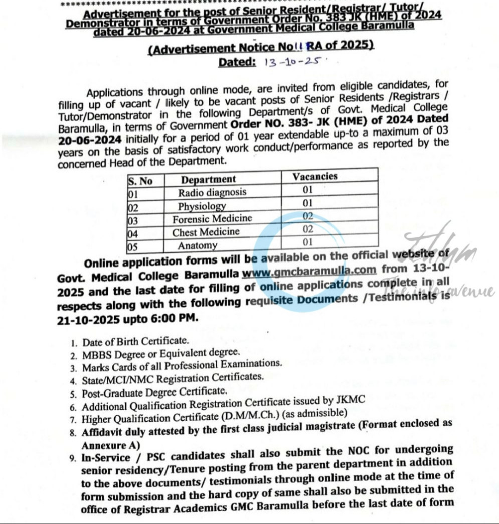 Government Medical College Baramulla GMC faculty job opportunities notice 10 RA of 2025