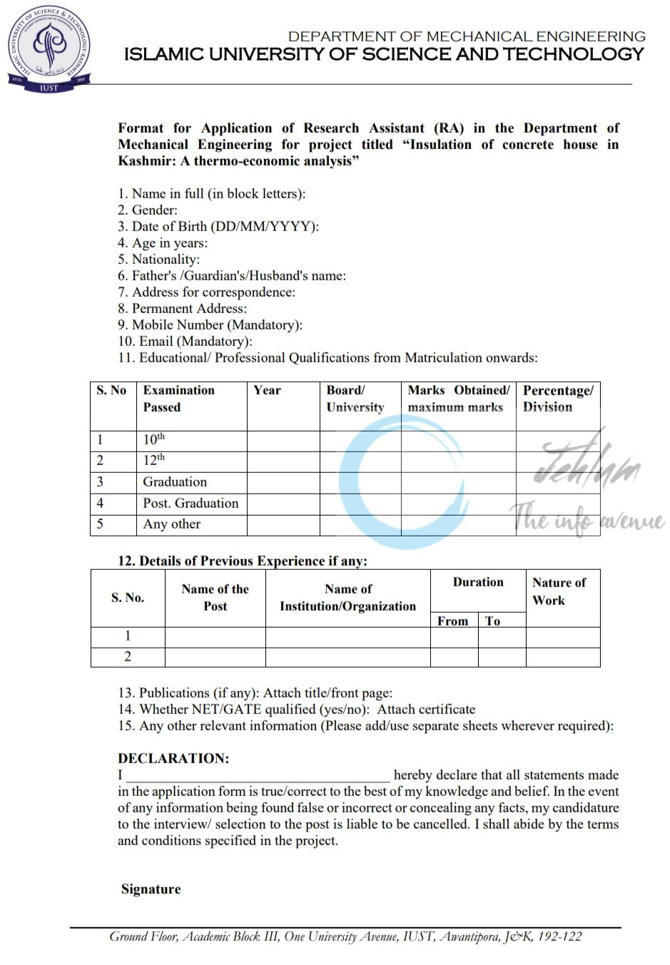 IUST AWANTIPORA DEPTT OF MECHANICAL ENGINEERING RA JOB OPPORTUNITIES 2025