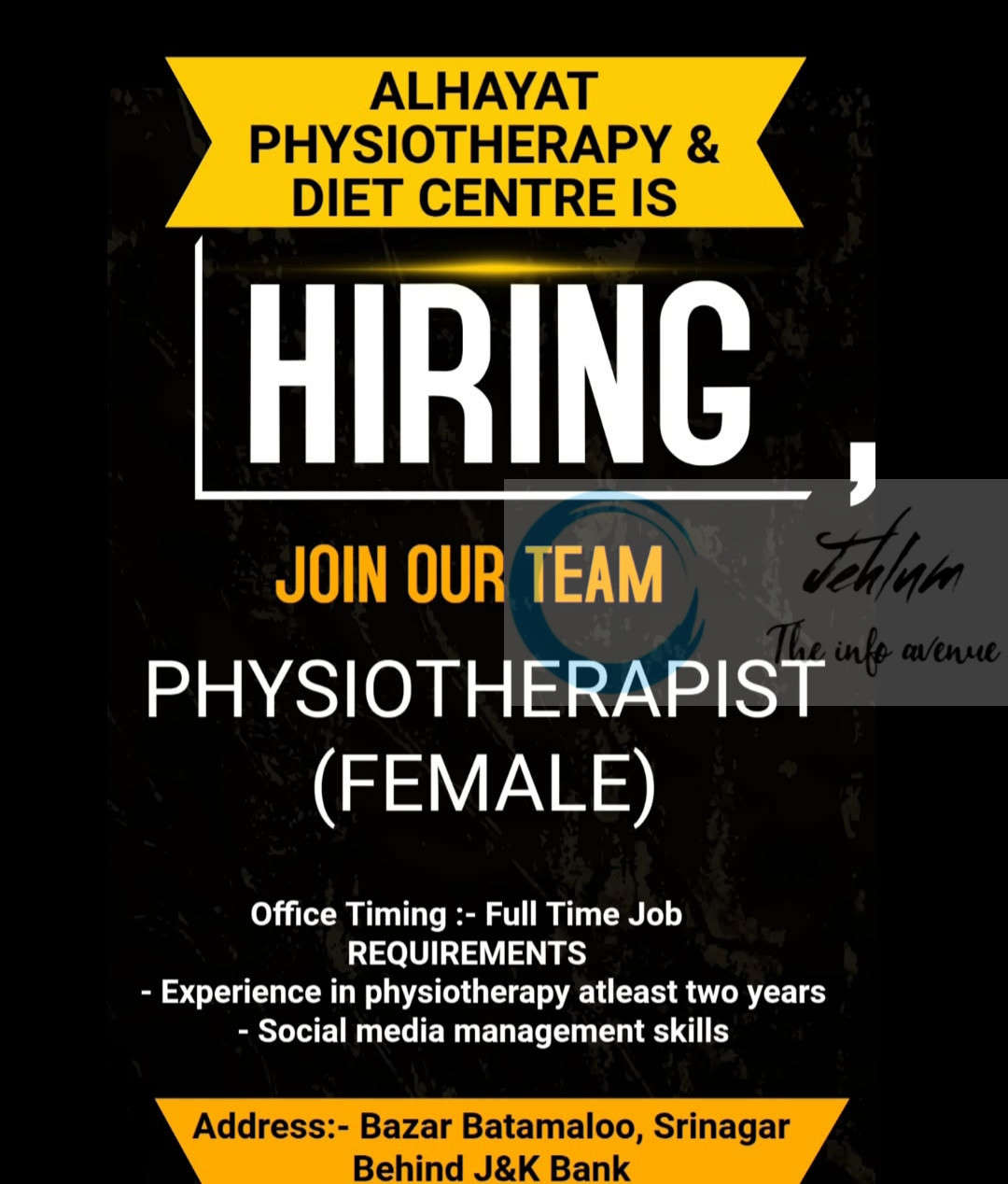 ALHAYAT PHYSIOTHERAPY AND DIET CENTRE SRINAGAR PHYSIOTHERAPIST FEMALE JOB OPPORTUNITIES 2025