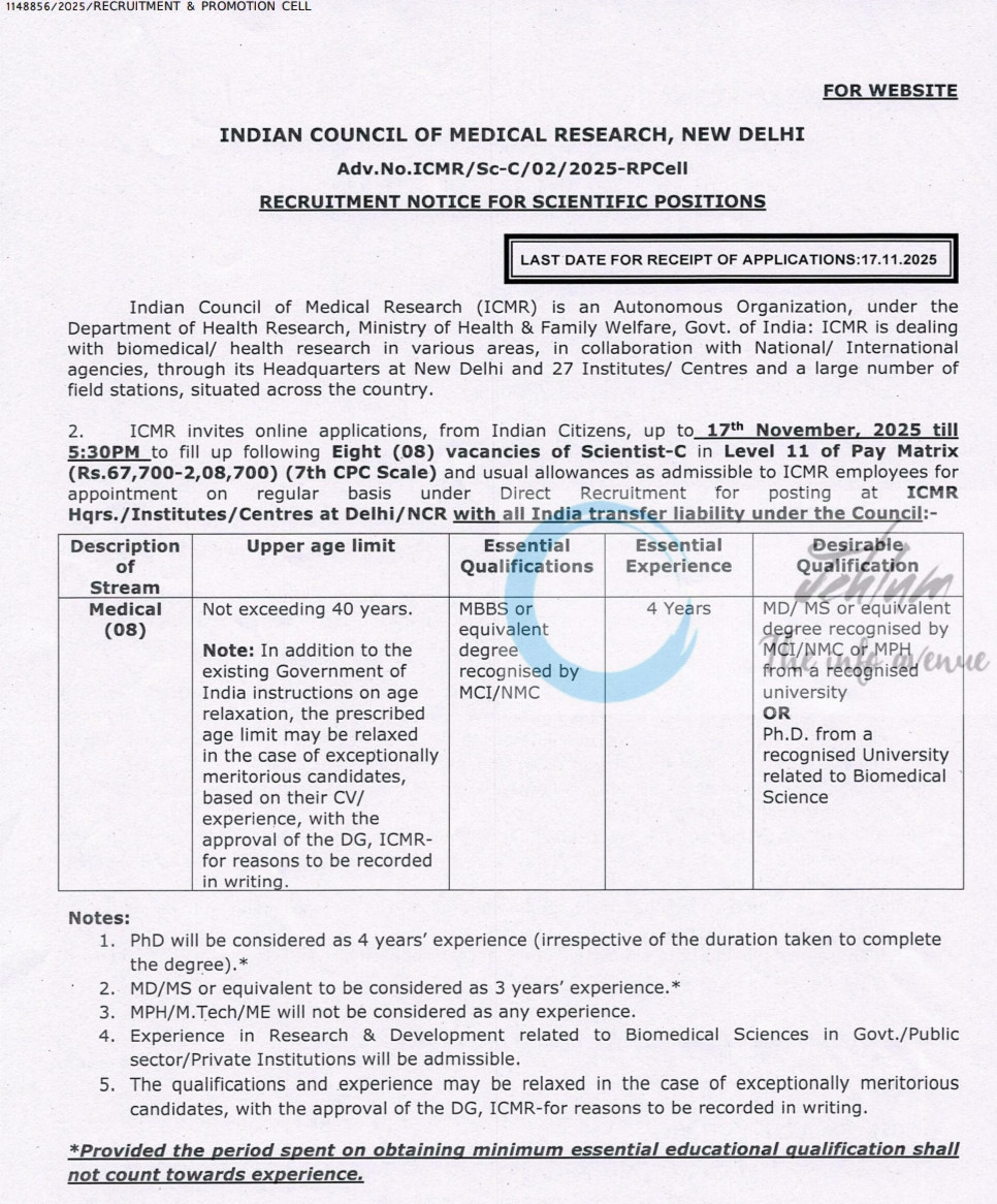 Indian Council of Medical Research ICMR Scientist-C job opportunities notice ICMR/Sc-C/02/2025-RPCell