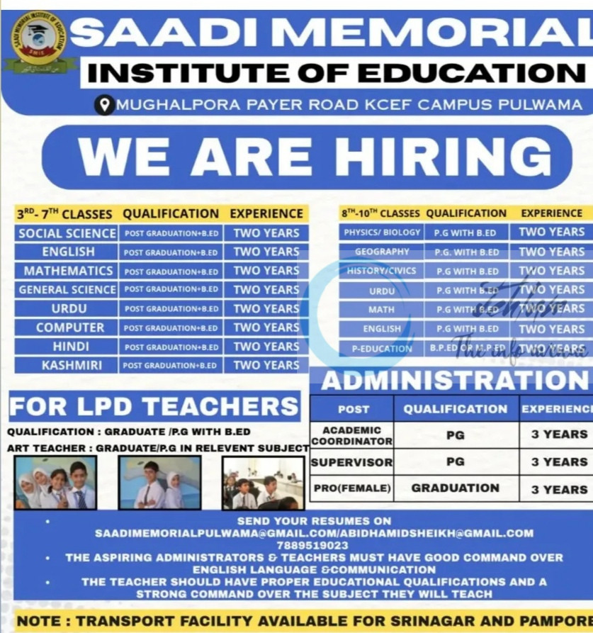 Saadi Memorial Institute of Education SMIE Pulwama faculty job opportunities 2025