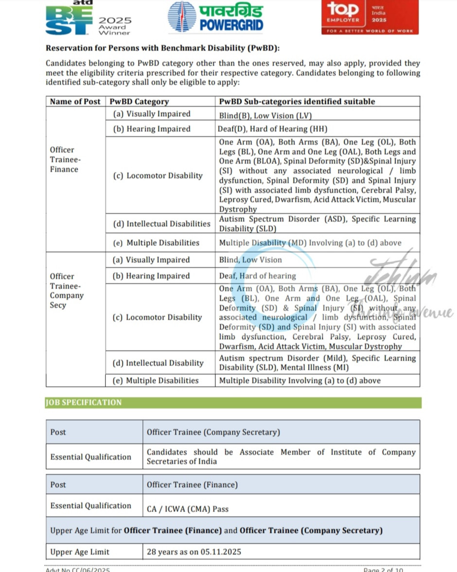 POWERGRID Officer Trainee Finance/Company Secretary job opportunities notice CC/05/2025