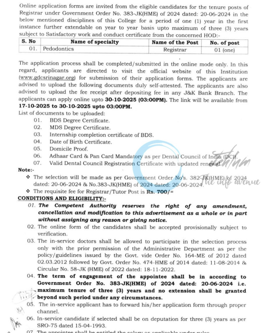 Government Dental College Hospital GDC Srinagar Registrar job opportunities 2025