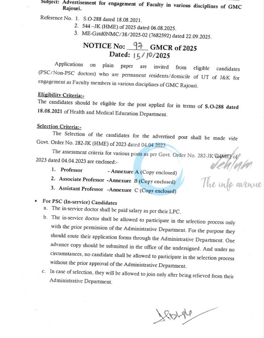 Government Medical College and Associated Hospital Rajouri GMCR Faculty job opportunities Notice 97 of 2025