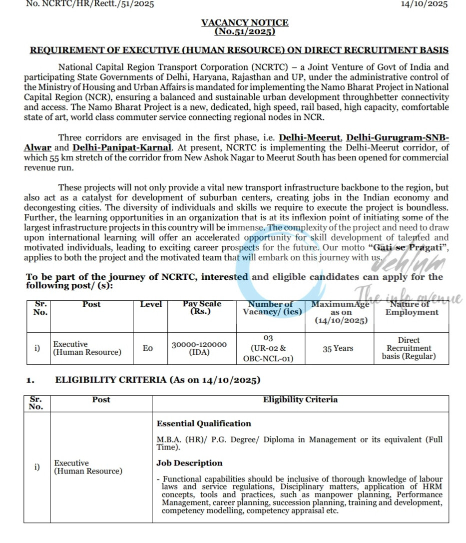 National Capital Region Transport Corporation NCRTC Executive Human Resource job opportunities notice 51/2025