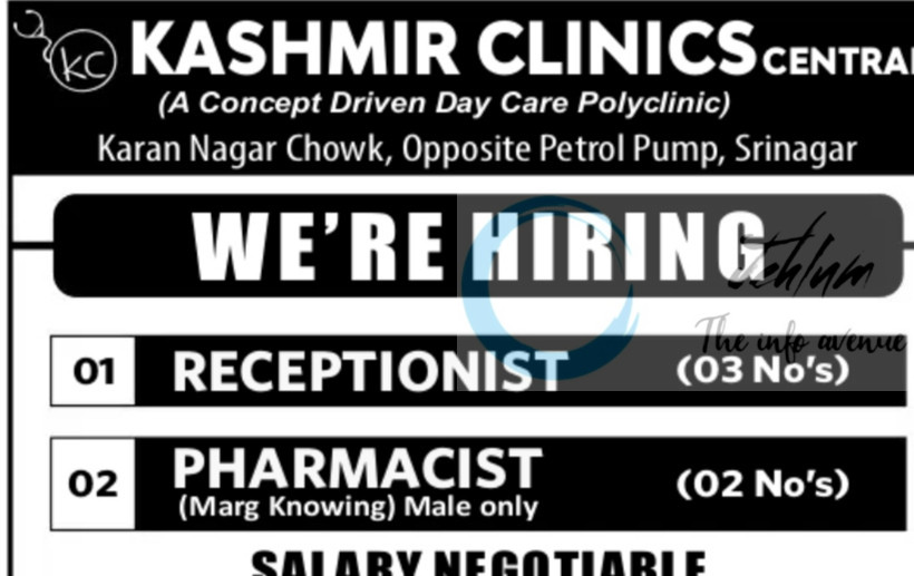 Kashmir Clinics Central Srinagar Receptionist/Pharmacist Job opportunities 2025