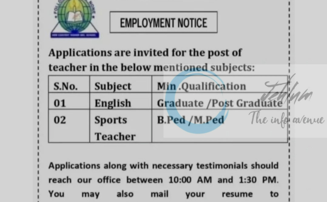 New Convent High School NCHS Srinagar Teacher job opportunities 2025