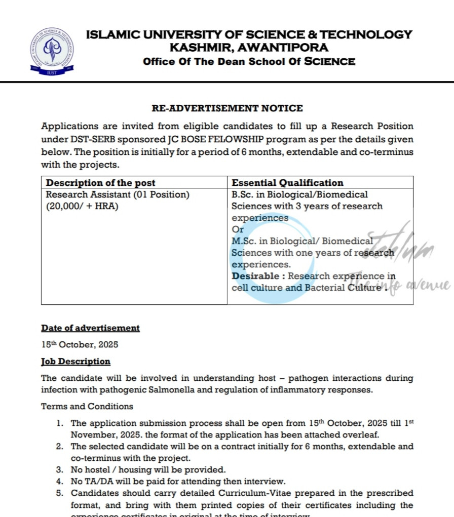 Islamic University of Science and Technology IUST AWANTIPORA RA job opportunities 2025