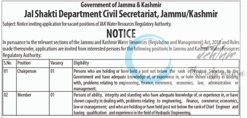 Govt of j and k Jal Shakti Department Water Resources Regulatory Authority job opportunities notice JSD-Admn06/I/2022-ADM/I 11549