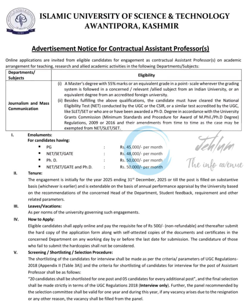 IUST AWANTIPORA DEPTT OF JOURNALISM AND MASS COMMUNICATION AP JOB OPPORTUNITIES NOTICE IUST/DAA-Acad/25/1969