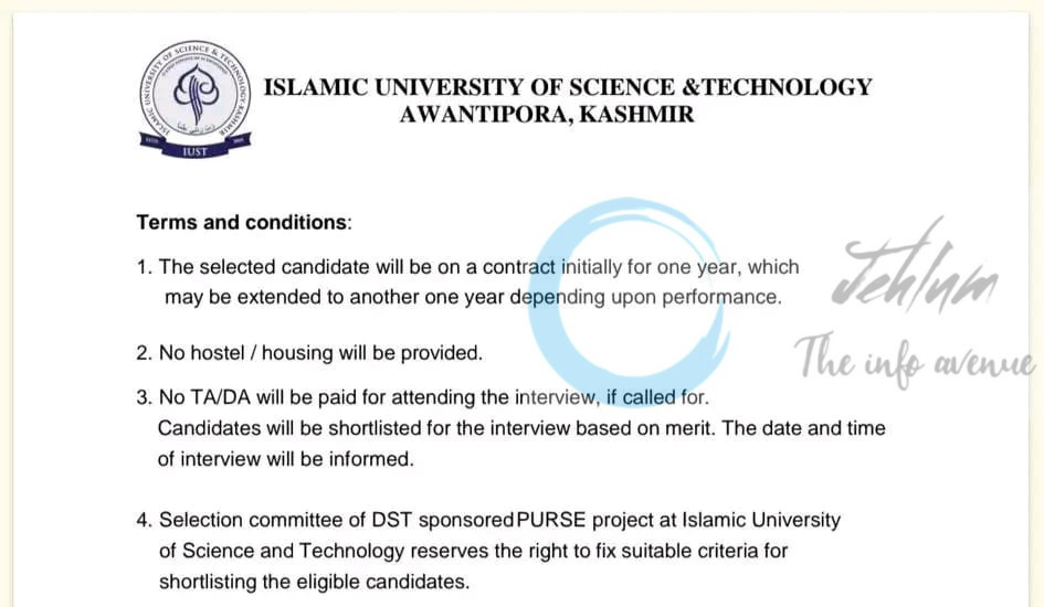 Islamic University of Science and Technology IUST DSOHS Awantipora Project Associate-I job opportunities notice IUST/DSOHS-PURSE/25/322