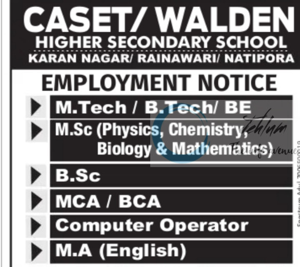 CASET/WALDEN HIGHER SECONDARY SCHOOL SRINAGAR TEACHERS JOB OPPORTUNITIES 2025