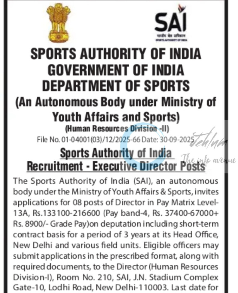 Sports Authority of India SAI New Delhi Executive Director job opportunities 2025