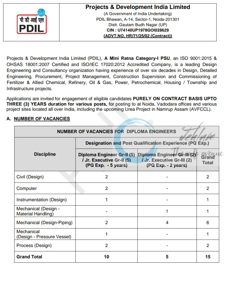 Projects and Development India Limited PDIL Noida job opportunities notice HR/71/25/02