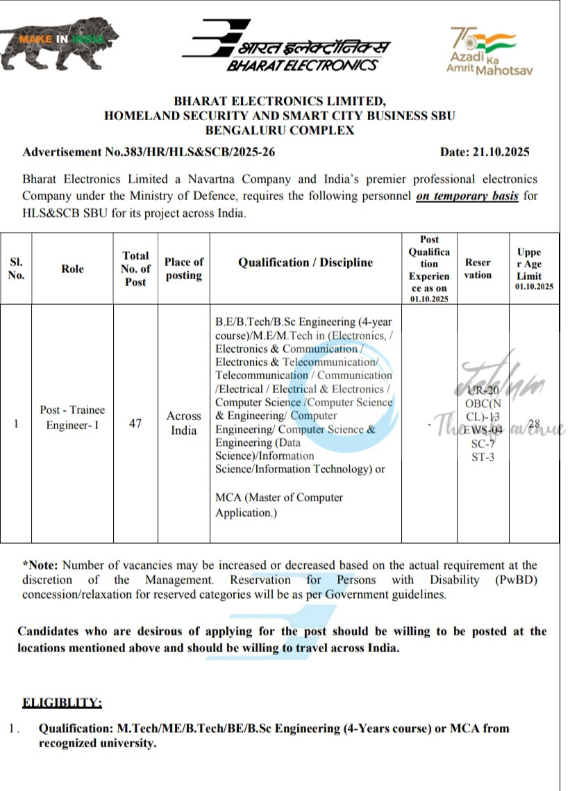 Bharat Electronics Limited BEL Bengaluru job opportunities notice 383/HR/HLSandSCB/2025-26