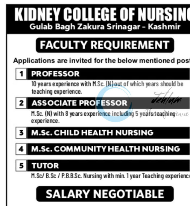 Kidney College of Nursing srinagar Faculty job opportunities 2025